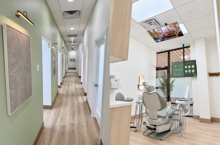 Modern dental office hallway leading to treatment rooms at Cedar Smiles Dental in Somerset, NJ, designed for a comfortable and welcoming patient experience.