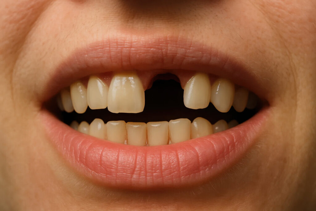 A close-up of a person's mouth revealing missing teeth.